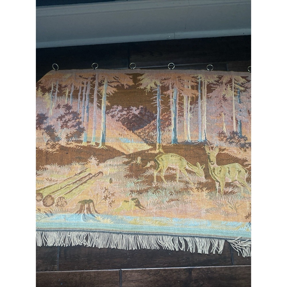 Vintage Deer Forrest Cabin Wall Hanging Tapestry 53 x 25" Hunting Scene - Picture 16 of 16